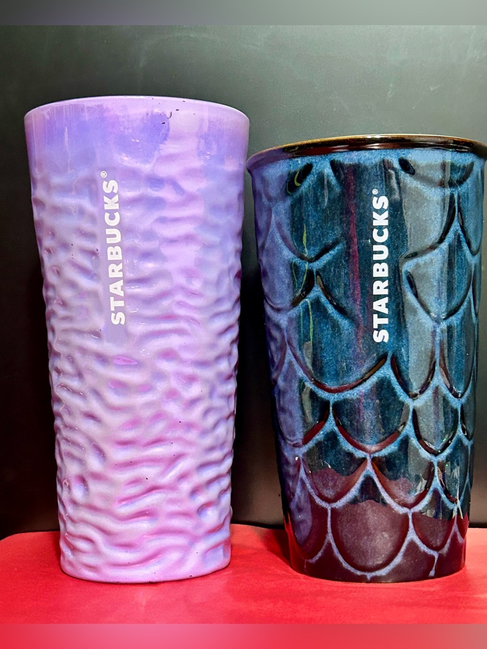 Two STARBUCKS glass Tumblers purple pearlescent and Blue Scales designs